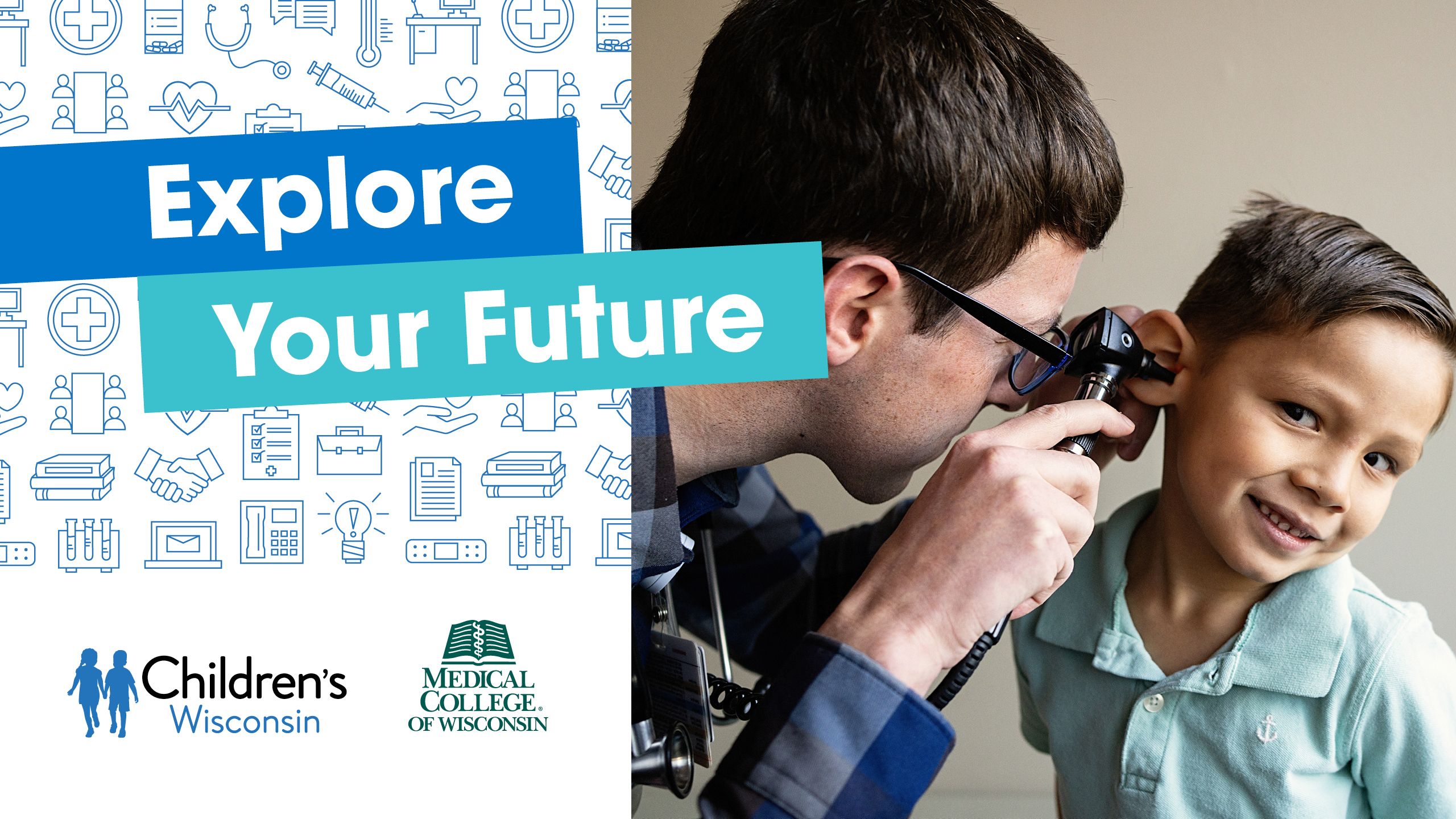 Explore your future. Image of doctor with patient.